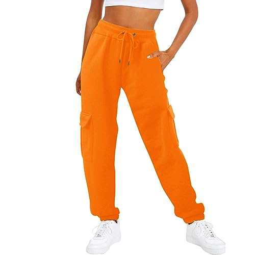 Generisch Jogginghose Damen hohe Taille Jogging Hose für Frauen Sporthose Lange Freizeithose Trainingshose Cargohose Damen Hose mit Kordelzug (Orange, S) von Generisch