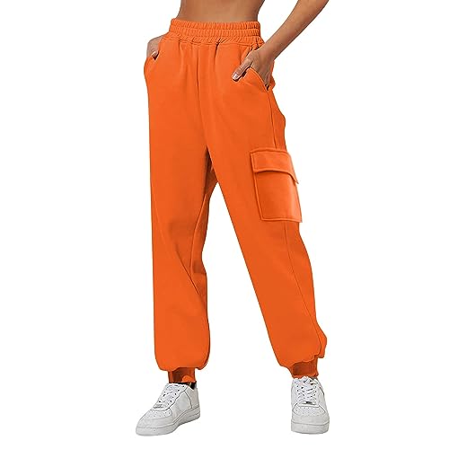 Generisch Jogginghose Damen hohe Taille Jogging Hose für Frauen Sporthose Lange Freizeithose Trainingshose Cargohose Damen Hose mit Kordelzug (Orange-a, XL) von Generisch