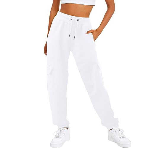 Generisch Jogginghose Damen hohe Taille Jogging Hose für Frauen Sporthose Lange Freizeithose Trainingshose Cargohose Damen Hose mit Kordelzug (White, M) von Generisch