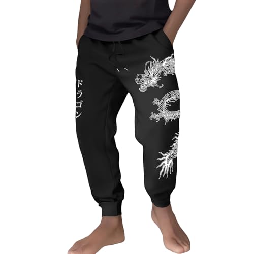 Generisch Jogginghose Herren Graphic Print Drachen Hose Baggy Leichte Sommerhose Weich Atmubgsaktiven Sporthose Einfarbig Schnürung Freizeithose Reisehose von Generisch