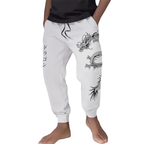 Generisch Jogginghose Herren Graphic Print Drachen Hose Baggy Leichte Sommerhose Weich Atmubgsaktiven Sporthose Einfarbig Schnürung Freizeithose Reisehose von Generisch
