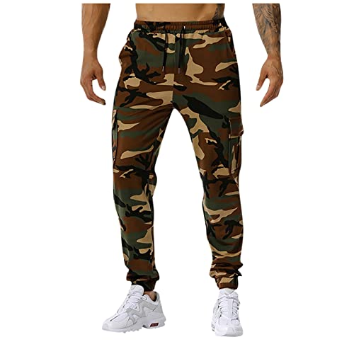 Generisch Jogginghose Herren Lang, Sporthose Freizeithose Trainingshose, Männer, Tarnung Sweatpants Jogger, Laufhose Mit Taschen Cargo Beige Streifen Fußball Trainingshose (L, Army Green) von Generisch