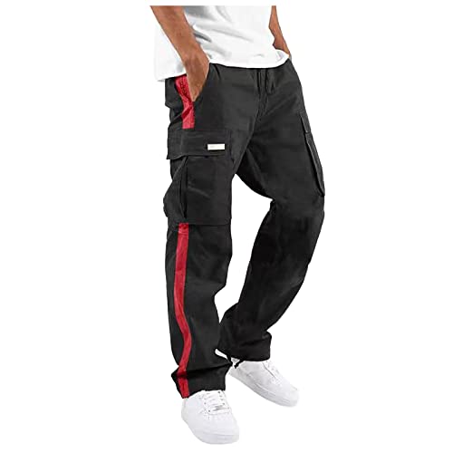 Generisch Jogginhose Herren, Cargohose Herren Regular Fit Jogging Panel Pocket Pants Trainingshose Hosen Elegant Slim Hose Cargo Damen Baggy Jockingshosen Männer Jeans Loose (M, Rot) von Generisch