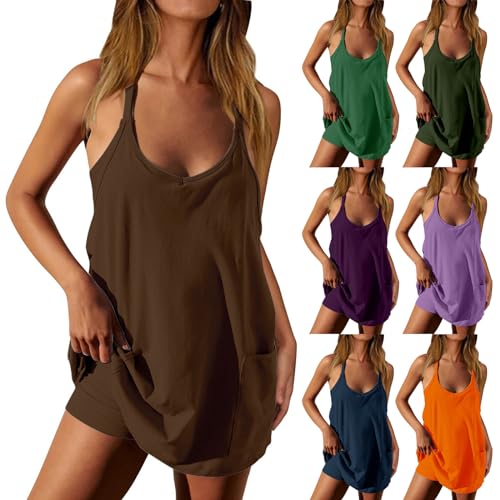 Generisch Jumpsuit Damen Ärmellose Romper Tenniskleid Workout-Minikleid mit Shorts-Taschen Sommer Sport Outfit von Generisch