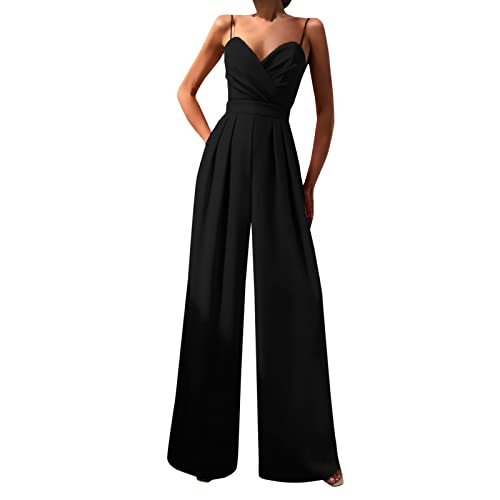 Generisch Jumpsuit Damen Elegant Festlich Sommer Ärmellos Overall Latzhose Weites Bein Romper Arbeitshose Mit Taschen von Generisch