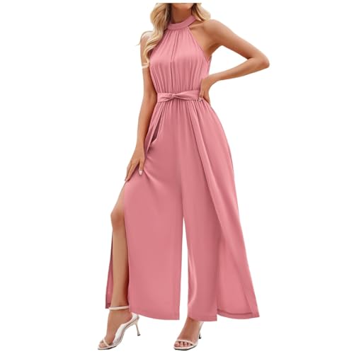 Generisch Jumpsuit Damen Elegant Neckholder Jumpsuits Ärmellos Lang Overall Jumpsuit Frauen Hohe Taille Weites Bein Romper Einfarbig Lässig Playsuit Hochzeit Festlicher Sommerjumpsuits mit Gürtel (S) von Generisch