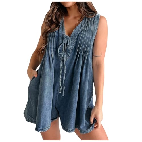 Generisch Jumpsuit Damen Hosenanzug Overall Set Damen Casual Ärmellos Krawatte Vorne Denim Romper Overall Shorts Jean Romper Mit Tasche (Blue, L) von Generisch
