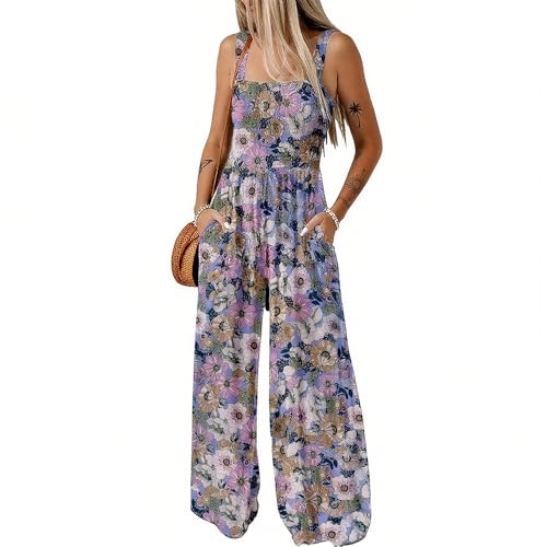 Generisch Jumpsuit Damen Sommer Lässiger Lockerer Werkzeugbau Jumpsuit mit Armelloser Bedruckter Hose mit Weitem Bein mit Taschen (Lila, L) von Generisch