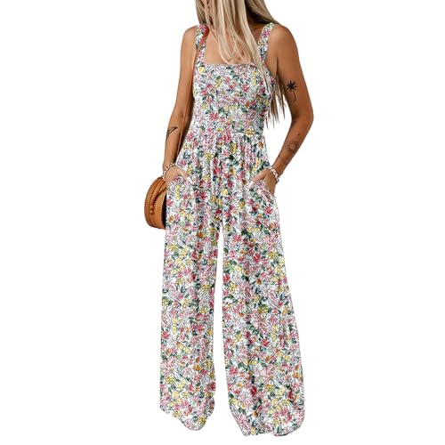 Generisch Jumpsuit Damen Sommer Lässiger Lockerer Werkzeugbau Jumpsuit mit Armelloser Bedruckter Hose mit Weitem Bein mit Taschen (Weiß, L) von Generisch