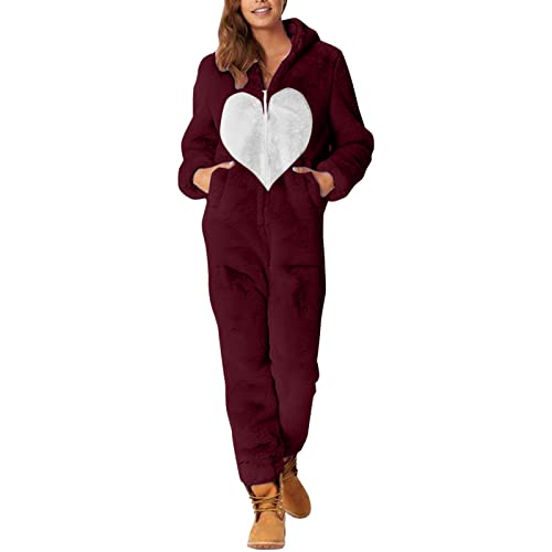 Generisch Jumpsuit Damen Teddy Fleece Overall Lang Schlafoverall Weich Pyjama Anzug Flauschig Schlafanzug Winter Warm Einteiler Plüsch Kuschelig Overall Hausanzug Schlafanzug mit Kapuze von Generisch