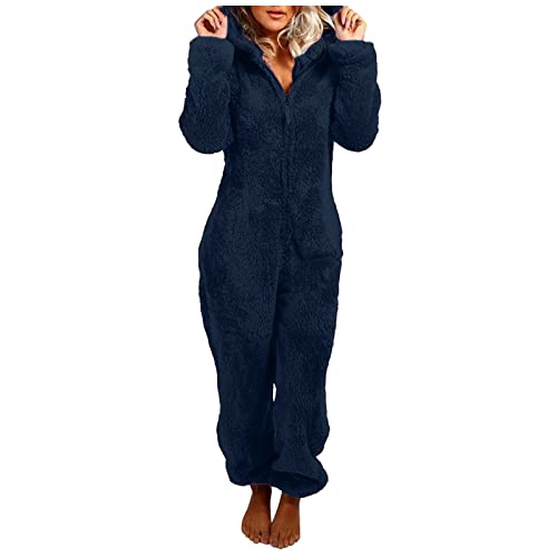 Jumpsuit DamenTeddy Fleece Schlafanzug Einteiler Winter Warm Kuschelig Onesie Lang Schlafoverall Pyjama Kuschelig und Warm Ganzkörperanzug Flauschig Hausanzug mit Kapuze Damen von Generisch