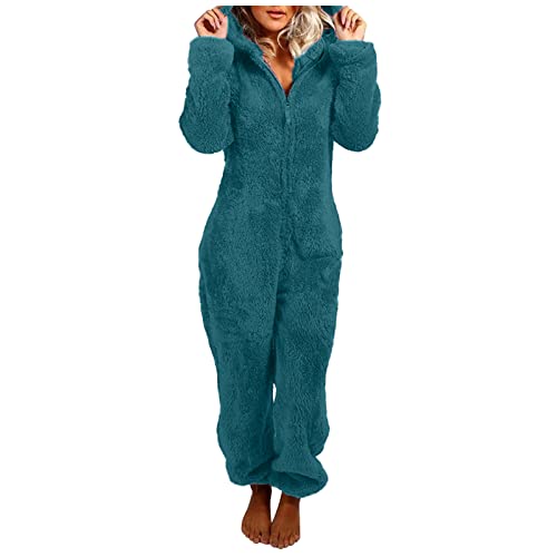 Jumpsuit DamenTeddy Fleece Schlafanzug Einteiler Winter Warm Kuschelig Onesie Lang Schlafoverall Pyjama Kuschelig und Warm Ganzkörperanzug Flauschig Hausanzug mit Kapuze Damen von Generisch