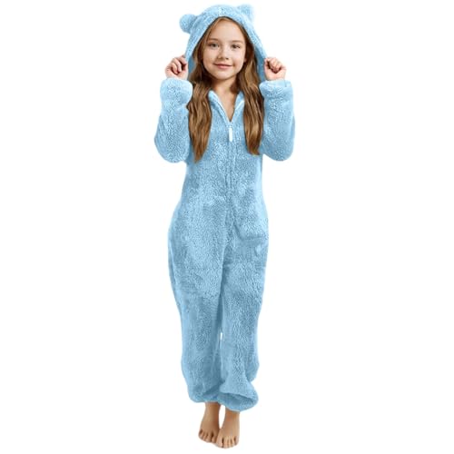 Generisch Jumpsuit Kinder Mädchen Winter Einteiler Teddy Fleece Overall Warm Plüsch Onesie Schlafoverall Pyjama mit Reißverschluss Ganzkörperanzug Hausanzug mit Bärenohren Kapuze(Blau, 9-10 Jahre) von Generisch