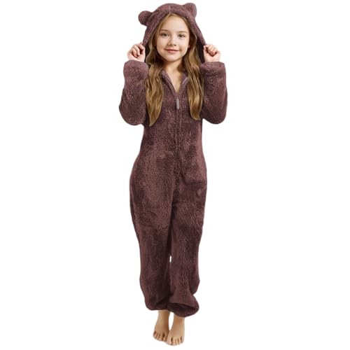 Generisch Jumpsuit Kinder Mädchen Winter Einteiler Teddy Fleece Overall Warm Plüsch Onesie Schlafoverall Pyjama mit Reißverschluss Ganzkörperanzug Hausanzug mit Bärenohren Kapuze(Braun, 11-12 Jahre) von Generisch
