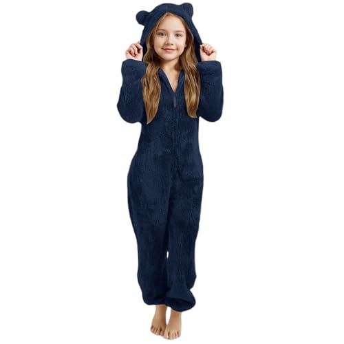 Generisch Jumpsuit Kinder Mädchen Winter Einteiler Teddy Fleece Overall Warm Plüsch Onesie Schlafoverall Pyjama mit Reißverschluss Ganzkörperanzug Hausanzug mit Bärenohren Kapuze(Marine, 11-12 Jahre) von Generisch