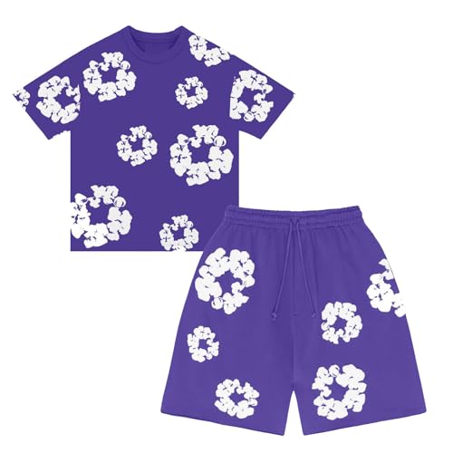 Generisch Jungen T-Shirt Und Shorts Set 2 Teiliges Sommer Trainingsanzug Jogginganzug Y2K Hip Hop Kurzarm Tshirt Und Shorts Unisex Sportanzug Mit Blumen Baumwoll Weich Outfit Purple 160 von Generisch