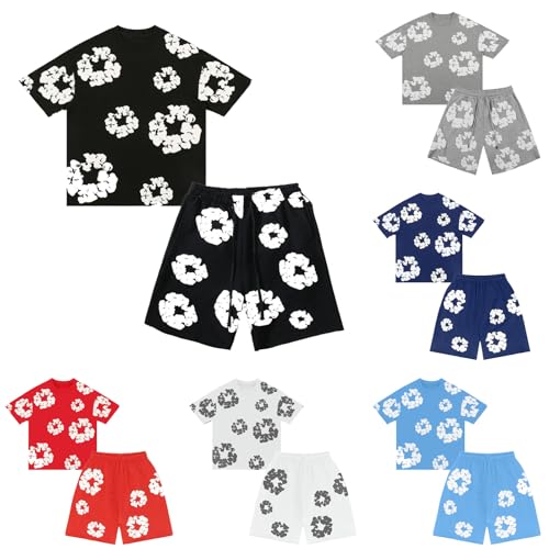 Generisch Jungen Trainingsanzug Sommer DT T-Shirt und Shorts Set 2 Teiliges Jogginganzug Kurzarm,Y2K Hip Hop T-Shirt mit Baumwollkranz,Unisex Schaumdruck Sportanzug Weich Outfits Black 160 von Generisch