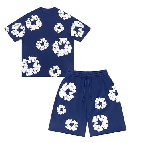 Generisch Jungen Trainingsanzug Sommer DT T-Shirt und Shorts Set 2 Teiliges Jogginganzug Kurzarm,Y2K Hip Hop T-Shirt mit Baumwollkranz,Unisex Schaumdruck Sportanzug Weich Outfits Navy 150 von Generisch
