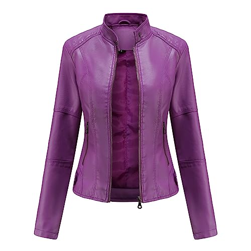 Generisch Kapuzen Kunstleder Damen Jacke mit Reißverschluss Motorradjacke Bikerjacke Kapuzenjacke Übergangsjacke Ladies Oberbekleidung Damen Lederjacke Lila Winterjacke Damen Leder Puffer von Generisch