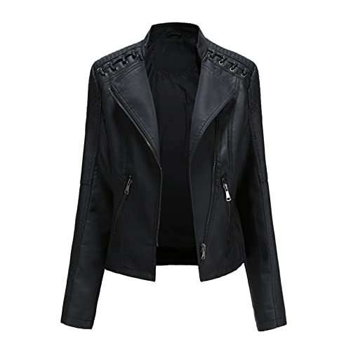 Generisch Kapuzen Kunstleder Damen Jacke mit Reißverschluss Motorradjacke Bikerjacke Kapuzenjacke Übergangsjacke Ladies Oberbekleidung Motorrad Jacke Frauen Motorrad Jacke Frauen von Generisch
