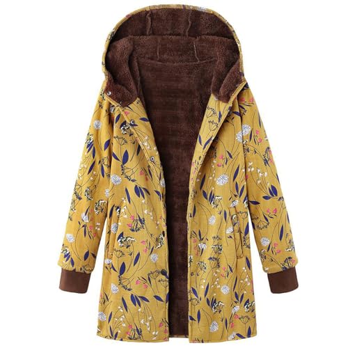 Generisch Kapuzenjacke Damen Übergröße Lang Winterjacke Hoodie Vintage Blume Ethno-Muster-Stil Fleece Übergangsjacke mit Reißverschluss Winter Warm Dicke Wintermantel Outdoorjacke(B Gelb,4XL) von Generisch