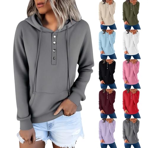 Generisch Kapuzenpullover Damen Knopfleiste Hoodie Pullover Oversized Langarm Sweatshirt Herbst Winter Einfarbig Warm Basic Hoody Freizeit Outwear Sport Style Training Elegant Sweatjacke Streetwear von Generisch
