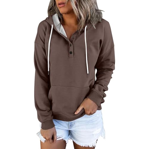 Generisch Kapuzenpullover Damen Knopfleiste Hoodie Pullover V-Ausschnitt Langarm Sweatshirt mit Kapuze Warm Longsleeve Tunika Lose Casual Blusen Tops Herbst Winter Ausgefallene Oberteile von Generisch