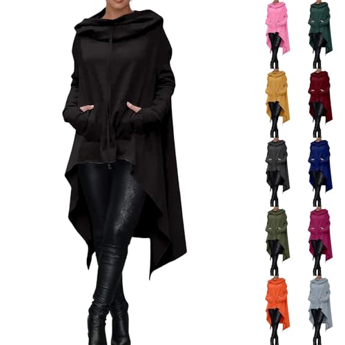 Generisch Kapuzenpullover Damen Lang Unregelmäßig Hoodie für Herbst Winter Langarm komfortable VintageKapuzenpulli mit Taschen und Kordelzug Einfarbig Sweatshirt mit Kapuze Grün XXXXXL von Generisch