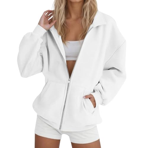 Generisch Kapuzenpullover Langarm Damen Reißverschluss Kapuzenjacke Elegant Jacken Modern Sweatshirt Mit Kapuze Outwear Casual Blouson Jacke Wasserdicht Motorradjacke Mantel(A42 White,M) von Generisch