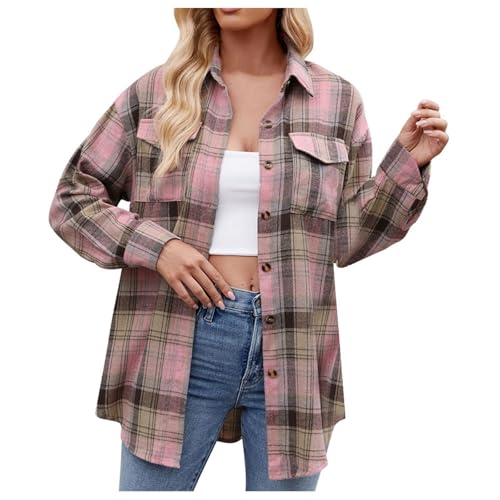 Generisch Karierte Bluse Damen, Karierte Bluse Damen Flanellhemd Langarm Karohemd Holzfällerhemd Trachtenbluse Cord Hemd Langarm Fit Flanellhemden, Pink, XXL von Generisch