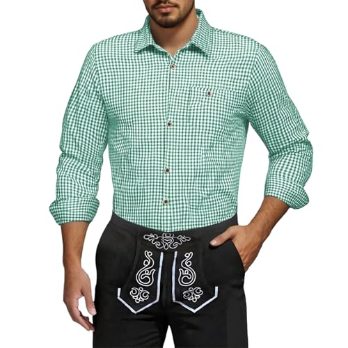 Generisch Kariertes Hemd Herren Trachtenhemd Tracht Langarm Slim Fit Karohemd Mit Tasche Baumwolle Freizeithemd Für Oktoberfest Grün XL von Generisch