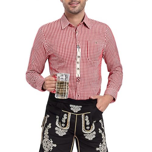 Generisch Kariertes Hemd Herren Trachtenhemd Tracht Langarm Slim Fit Karohemd Mit Tasche Baumwolle Freizeithemd Für Oktoberfest Rot L von Generisch