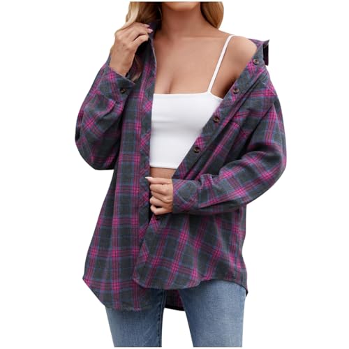 Generisch Karohemd Damen, Karierte Bluse Damen Flanellhemd Langarm Karohemd Holzfällerhemd Trachtenbluse Cord Hemd Langarm Fit Flanellhemden, Purple, XXL von Generisch