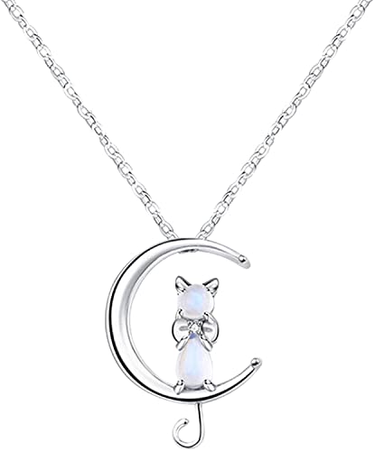 Katze sitzt auf dem Mond Halskette für Frauen Silber Mondstein Tier Anhänger Kette Halskette Mutter Tochter Halloween Weihnachtsschmuck von Generisch