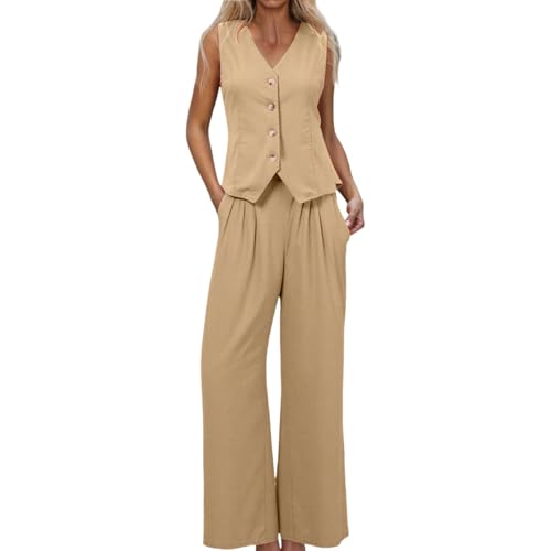 Generisch Khaki Hosenanzug Damen Hochzeit Zweiteiler Elegant Anzug Set Vintage Ärmellos Blazer V-Ausschnitt Weste Und Hose 2 Stück Casual Festliche Große Größe Outfit Sets Slim Fit Streetwear von Generisch