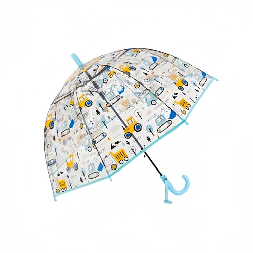 Kinder Clear Bubble Regenschirm Transparente Kuppel Durchsichtige Kinder-Regenschirme für Jungen und Mädchen mit kneifsicherem Verschluss und griffigem Hakengriff (Hellblau Bagger) von Generisch