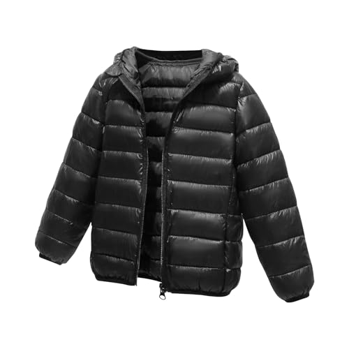 Generisch Kinder Daunenjacken Winterjacke mit Kapuze Einfarbig Softshelljacke für Jungen Mädchen Leichte Steppjacke mit Reißverschluss Tasche Winter Warme Kapuzenjacke Schwarz 8-10 Jahre von Generisch
