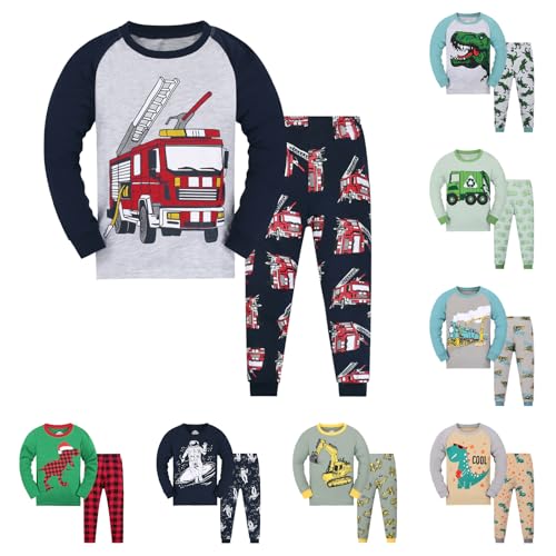 Kinder Jungen Schlafanzug Dinosaurier Pyjama Langarm Pyjama Set Kinder Baumwolle Winter Nachtwäsche Langarm Zweiteiliger Kinder Nachtwäsche Dinosaurier Bagger Feuerwehrauto Zug von Generisch