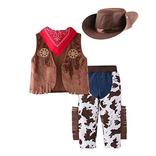 Generisch Kinder Jungen Western Cowboy Kostüm Für Kinder Cosplay Weste Hut Schal Hose 4Er Set Halloween Party Fantasia Dress Up Kostüm 86 Coffee Brown 2-3 Jahre von Generisch