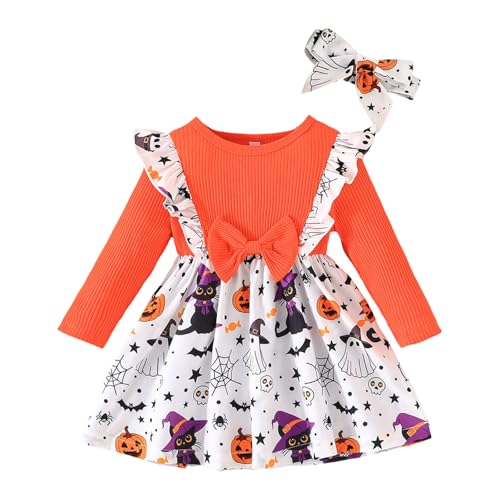 Generisch Kinder Kleinkind Baby Mädchen Babystrampler Halloween Kleid Schleife Langarm Kürbis Fledermaus Print Tutu Spitze Kleid Karneval Outfit Kleidung Pumpkin Cosplay Party Kürbiskostüm von Generisch