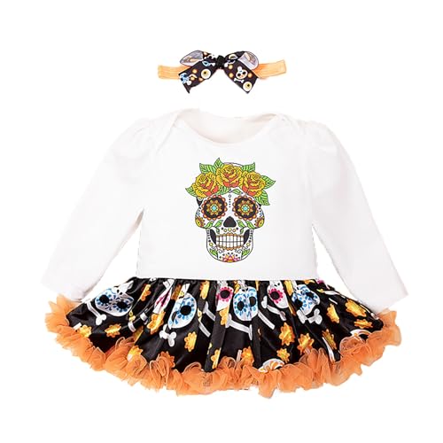 Generisch Kinder Kleinkind Baby Mädchen Babystrampler Halloween Kleid Schleife Langarm Kürbis Fledermaus Print Tutu Spitze Kleid Karneval Outfit Kleidung Pumpkin Cosplay Party Kürbiskostüm von Generisch