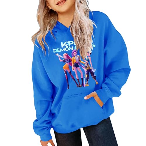 Generisch Kinder Kpop D-Demon H-Hunters Hoodie Vintage Y2K Kapuzenpullover Modisch Casual Pullover Langarm Tasche Sweatshirt für K-pop Fans Autumn Winter Streetwear Oberteile (A-2-Blue, 9-11 Years) von Generisch