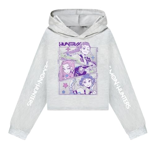 Generisch Kinder Kpop Demons Hunters Hoodie K-pop Kapuzenpullover mit Anime Drucken Hochkragen Langarm Pullover Casual Tasche Sweatshirt Autumn Winter Streetwear Oberteile (A-3-Grey, 7-8 Years) von Generisch