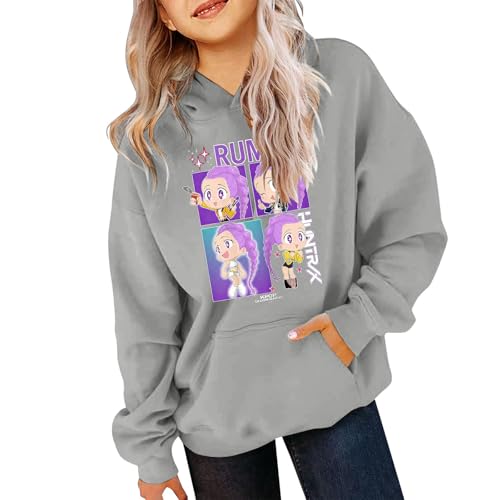 Generisch Kinder Kpop Demons Hunters Hoodie pop Hunters Drucken Kapuzenpullover Casual Locker Pullover Locker Bequeme Sweatshirt für Outdoor Sport Oberteile (A-1-Grey, 11-13 Years) von Generisch