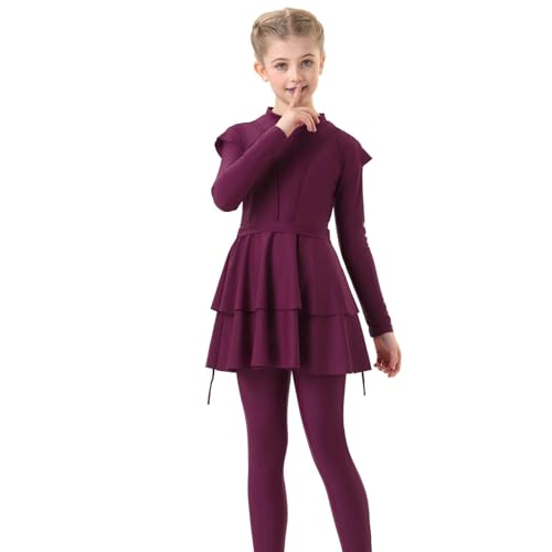 Generisch Kinder Mädchen Muslimische Bademode Langarm Burkini mit Hijab Volle Abdeckung Rash Guard Badeanzug 3tlg Rüschen Tankini Set Sommer Badebekleidung von Generisch