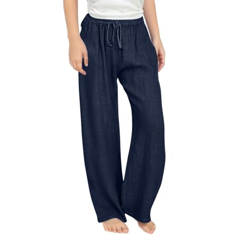 Generisch Kinder Mädchen Sommer Baumwolle Leinenhose Lässige Leicht Stoffhose Elegant Leinen Sommerhose Casual Einfarbig Strandhose Elastische Taille Jogginghose Lange Weitem Bein Hosen Outdoor von Generisch