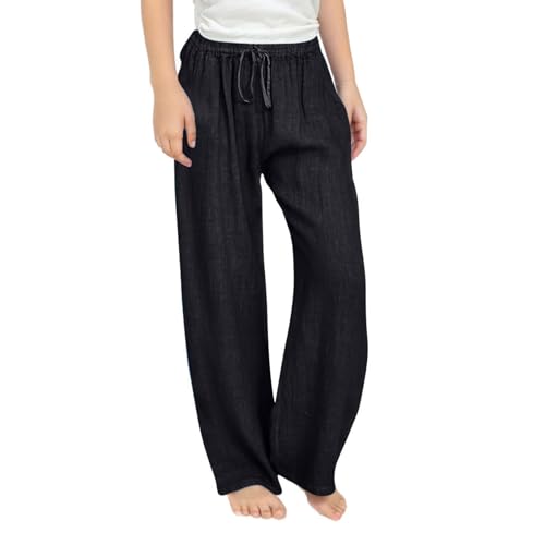 Generisch Kinder Mädchen Sommer Baumwolle Leinenhose Lässige Leicht Stoffhose Elegant Leinen Sommerhose Casual Einfarbig Strandhose Elastische Taille Jogginghose Lange Weitem Bein Hosen Outdoor von Generisch