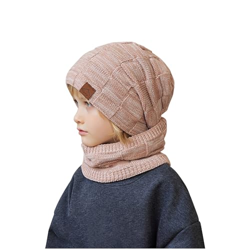 Generisch Kinder Mütze Schal Set Warm Schlauchschal Bequem Beanie Mütze Loop Schal Kinder Niedliche Thermal Wintermütze Strickmützen Bommelmütze Coole Strickschal Rosa, Einheitsgröße von Generisch