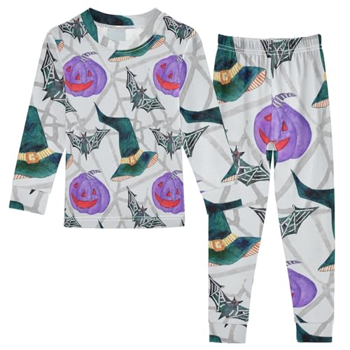 Generisch Kinder Pyjama-Set Hallows' Eve Kürbis Fledermaus Spinne Hexe Baumwolle Schlafanzug Set Langarm Nachtwäsche-Set Mädchen Jungen Pyjama Sets von Generisch