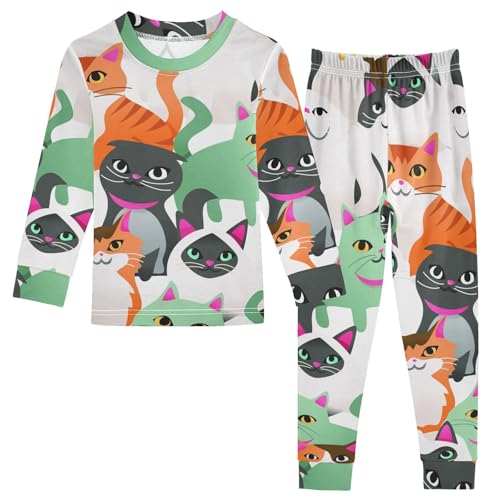 Generisch Kinder Pyjama-Set Süß Karikatur Tier Katze Baumwolle Schlafanzug Set Langarm Nachtwäsche-Set Mädchen Jungen Pyjama Sets von Generisch